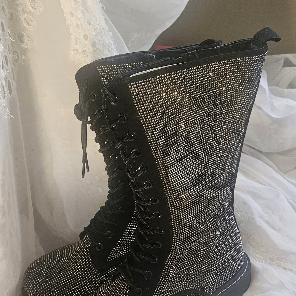 Women's Black Rhinestone Lace-Up Combat Boots - Picture 6 of 10